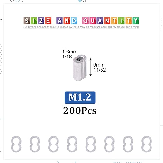 Glarks 200Pcs 3/64''(1.2mm) Aluminum Crimping Loop Sleeve Wire Rope Sleeves Double Barrel Ferrule for Wire Rope and Cable Line End (3/64''-200Pcs)