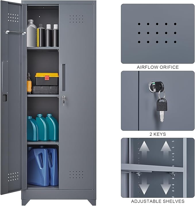 65''H Broom Closet Storage Cabinets, Metal Utility Closet Storage Cabinet, Indoor Cleaning Cabinet with Adjustable Shelves and S-Hooks for Bathroom,Garage