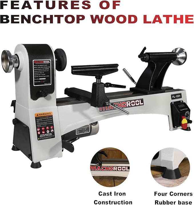 FINDBUYTOOL Wood Lathe, 12" x 21" Benchtop Variable Speed Midi Wood Lathe Machine, 3/4 HP, 6 AMP Motor, 2 Rotational Speed Range Settings (300-3500 RPM), Wood Lathe Machine