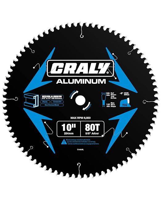CRALY Carbide Tipped Circular Saw Blade, Professional TCT Blade for Cutting Aluminum, Plastic (10'', 5/8'' Arbor, 80T)