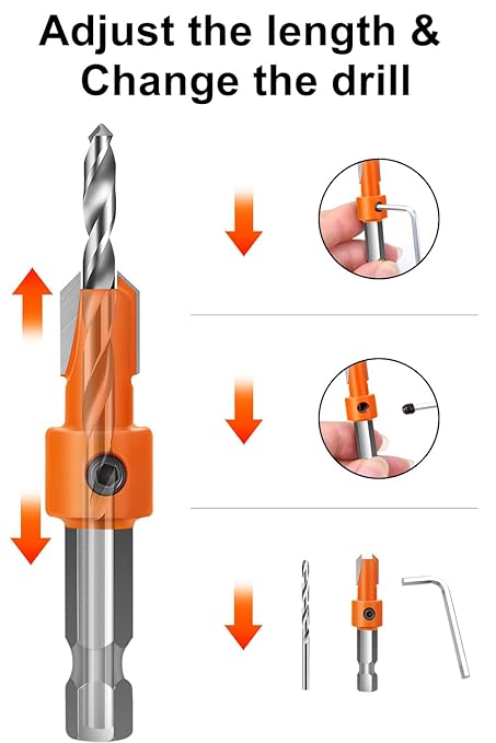 Countersink Drill Bit Set Hex Shank Woodworking: 5Pcs Tapered Pilot Hole Bits with Quick Change – Ideal for Carpentry, DIY & Home Repair Projects