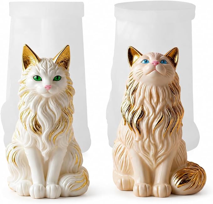 2 Pack Maine Coon Cat Silicone Molds, 3D Sitting Cat Candle Mold | Food-Grade by JDHSilicone