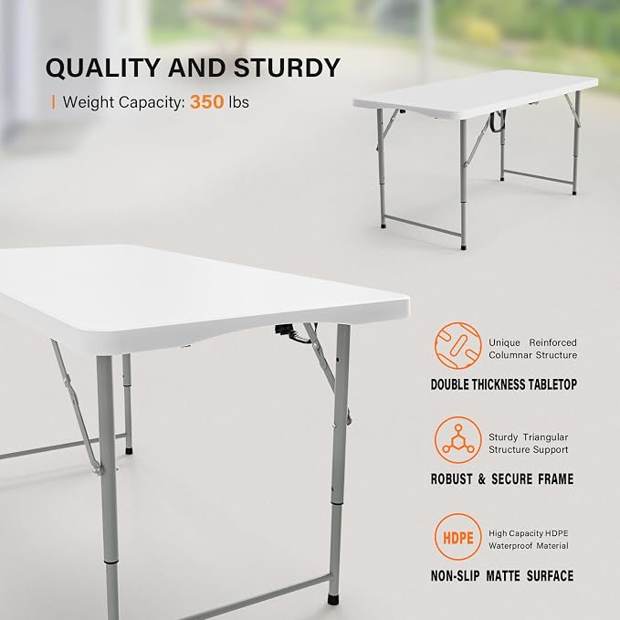 VINGLI 4 FT Plastic Folding Camping Table, 3-Level Adjustable Height, Portable - Image 3