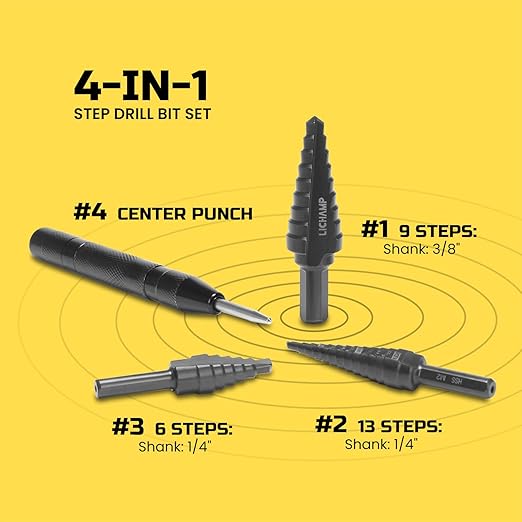 Lichamp Step Drill Bit Set for Metal Sheet Heavy Duty, 4-Piece Genuine M2 HSS Step Up Down Drill Bits Stepper Unibit for Steel Hole, 28 Sizes from 1/8 to 1/2 inches