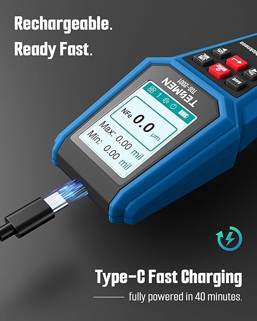 TESMEN TCG-2001 Paint Thickness Gauge for Cars, Digital Paint Meter with Data Bar Graph, 4-Way Backlit Color Screen, Car Paint Mil Thickness Tester with Limit Alarm for Used Car Buyers - Blue