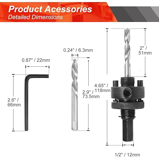 Heavy Duty Hole Saw Arbor with 5pcs Center Drill Bits, 1/2" Hex Shank Quick Change Arbor Fits 1-1/2" to 10" Hole Saws