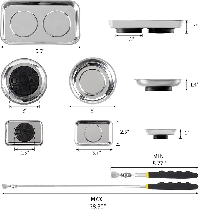 3 Pieces Magnetic Trays with 8LBs Telescoping Magnetic Pick-up Tool Set, 9.5" and 3.7" Rectangle, 6" Round Bowl Stainless Steel Magnet Parts Tray for Screws, Mechanic's