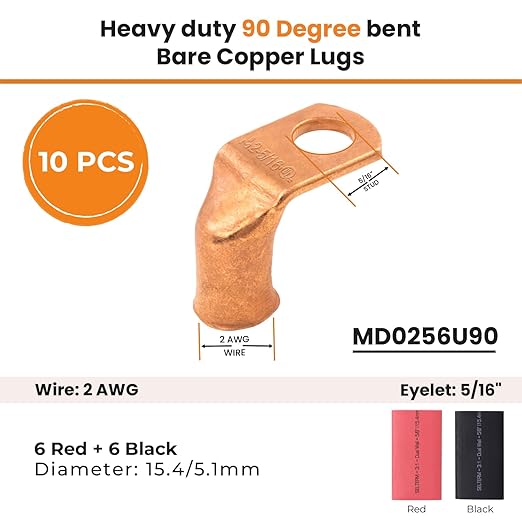 SELTERM 10pcs - 2 AWG 5/16" Stud - 90° Bent Battery Lugs - Ring Terminal Connectors with 12pcs 3:1 Black & Red 5/8" Heat Shrink Tubing - Heavy Duty Battery Cable Ends - Bare Copper Wire Connectors Kit
