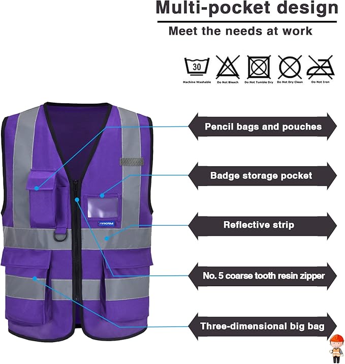 Hi Reflective Safety Vest,A-SAFETY, Hi Vis Bright Neon Colors Safety Vest with 4 Reflective Strips 7 Pockets (6XL, Purple)