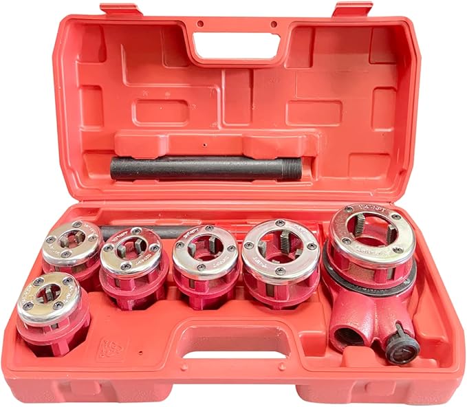 Pipe Thread Kit, Manual Plumber Pipe threader, Ratcheting Threading Tool Set with Storage Case