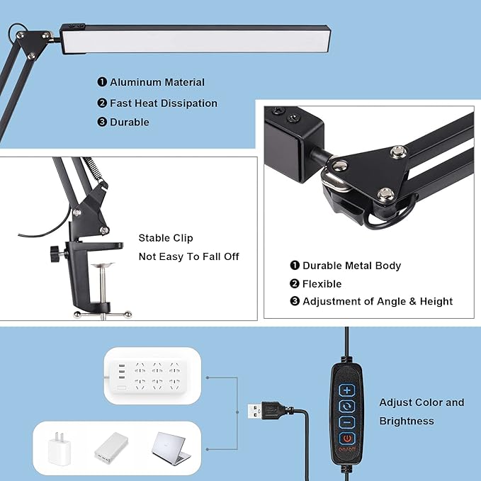 LED Desk Lamp for Home,Office,Reading,Adjustable Eye-Caring Desk Light with Clamp,Swing Arm Lamp Includes 3 Color Modes,10 Brightness Levels Table Lamps with Memory Function