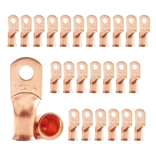 1/0 AWG 1/4" Stud (25 pcs.), Heavy Duty Battery Ring Terminal, 0 Gauge Connectors, 1/0 Copper Wire Lugs, Copper Ring Terminals, Battery Cable Ends, Battery Cable Lugs, Tubular Ring Terminal Connectors