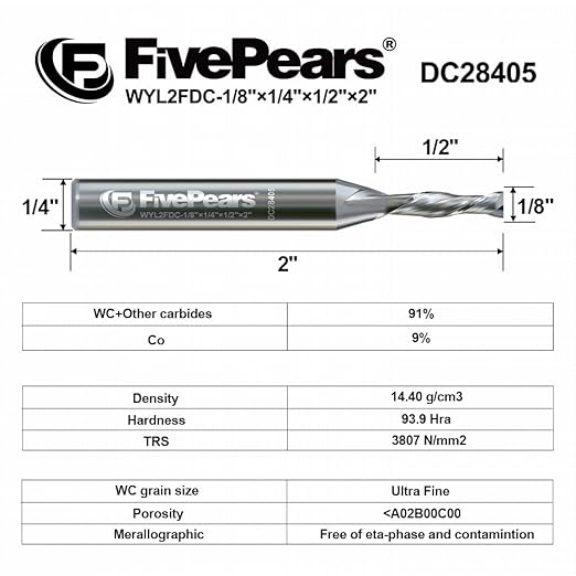 FivePears Down Cut Spiral Router Bit for CNC, 1/8 inch Cutting Diameter and 1/2 inch Cutting Length 1/4 inch Shank Carbide End Mill Router Bit for Wood Carving Engraving Grinding Grooving