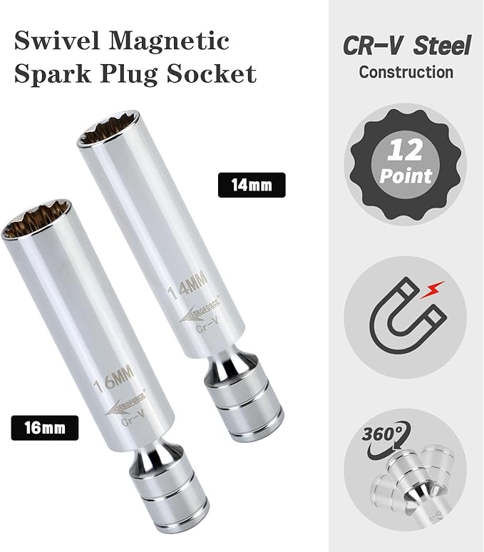 AEROFORCE 14PCS 3/8-Inch Drive Swivel Magnetic Spark Plug Socket Set with 3/8'' Torque Wrench (5-45 Lb.ft/6.8-61.2 Nm), Universal Joint & Extension Bar - Durable CR-V Steel for Easy Spark Plug Removal