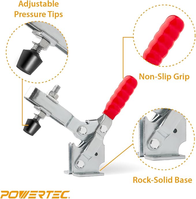 POWERTEC 2PK Toggle Clamp, 500 lbs Holding Capacity, 12130 Quick Release Vertical Clamps w/Antislip Rubber Pressure Tip for Woodworking Jigs and Fixtures, Welding, Drill Press, Crosscut Sled (20335)