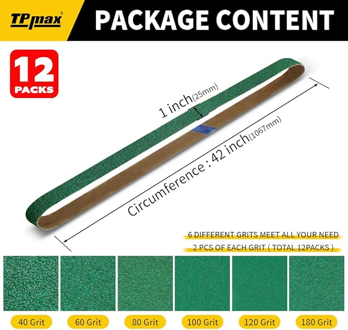 12 Pack 1 x 42 Inch Zirconia Ceramic Sanding Belts Kit – 40, 60, 80, 100, 120, 180 Grits Premium Metal Grinding Belts for Knife Sharpening, Stock Removal, and Bevel Work