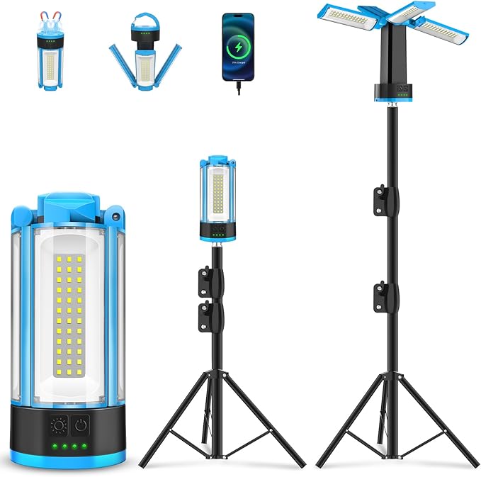 T-SUN Rechargeable Work Light with Stand, 6000K Camping Light with 4 LED Lamp Heads, 10400mAh Cordless Work Light for Job Sites, Emergency & Camping, Detachable Tripod & Storage Bag Included