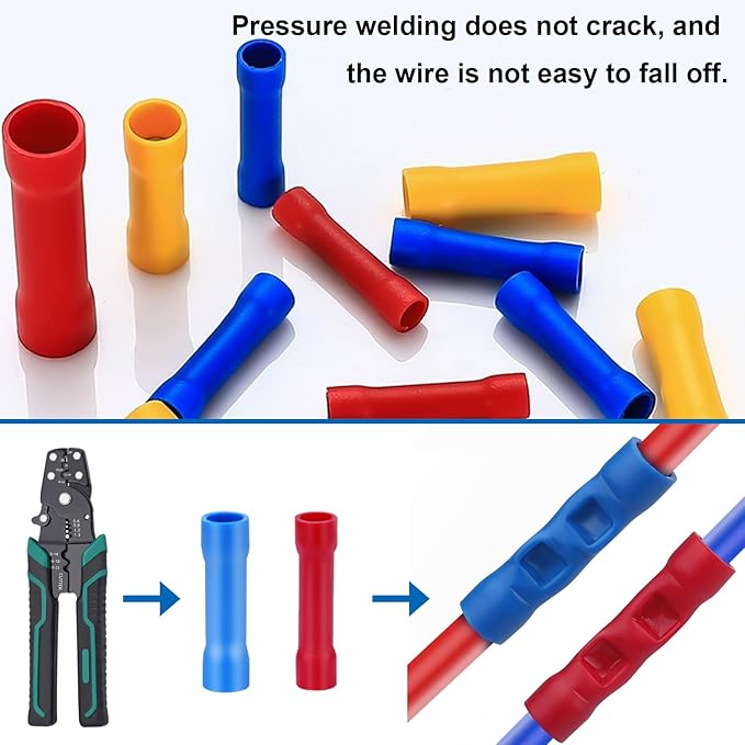 smseace 210PCS Wire Butt connectors with Wire stripper crimping tool22-10AWG Butt Splice Connectors Insulated Electrical Butt connectors Straight Wire Terminal Connectors