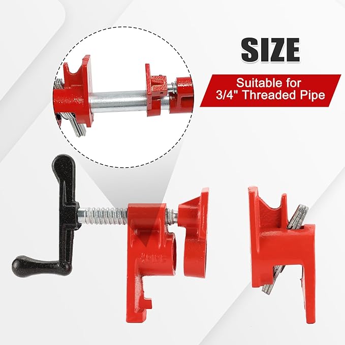 3/4" Wood Gluing Pipe Clamp Set with Unique Foot Design Red Heavy Duty Bar Clamps Cast Iron Quick Release Pipe Clamp Tools for Woodworking (6pc, 3/4" with foot)