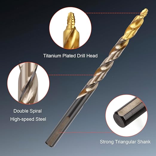 COMOWARE 29Pcs Stepped Point Drill Bit Set, 1/16" – 1/2" Drill Bit Index, HSS M2 Jobber Drills Bits, No Pre-Drilling, Titanium-Coated, 3-Flat Shank, Drills Bits Set for Metal/Plastic/Acrylic/Wood