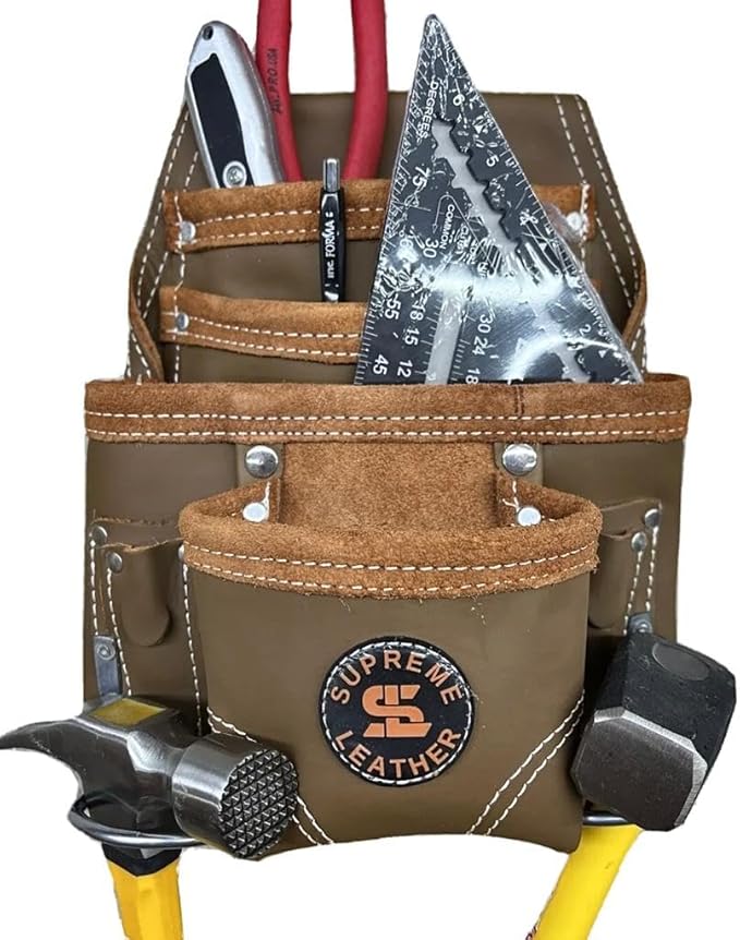 Supreme Leather Tool Pouch for Construction Carpenter Tool Bag Electrician's Pouch | 10 Pockets 2 Stainless Steel Hammer Holders Top Grain Leather Bag