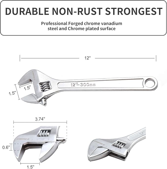 Donext 12 Inch Adjustable Wrench Professional Hand Tool CR-V Steel Crescent Wrench