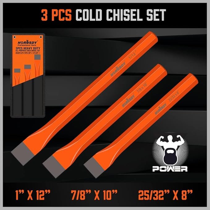 HORUSDY 3-Pieces Heavy Duty Cold Chisels Set, Long 8", 10", 12", with Roll Pouch, 1 in, 7/8 in, 25/32 in