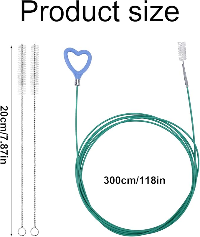 Sunroof Drain Cleaning Tool, 118in Long Wire Pipe Cleaner with 2 Straight Flexible Cleaning Brushes Heart Handle Design Drain Snake Unclogger Hole Cleaner for Auto Car Sunroof Wiper