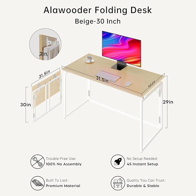 alawooder 31.5" Folding Desk: No Assembly, Wood Top - Image 3