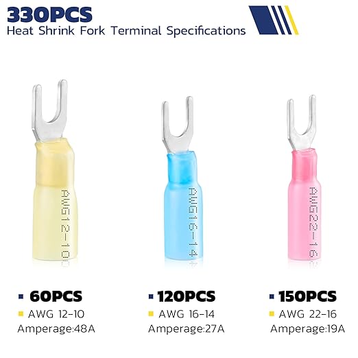 haisstronica 200PCS Heat Shrink Fork Spade Connectors #10 Waterproof Marine Grade Fork Terminal Connectors U-Type Blue 16-14 Gauge
