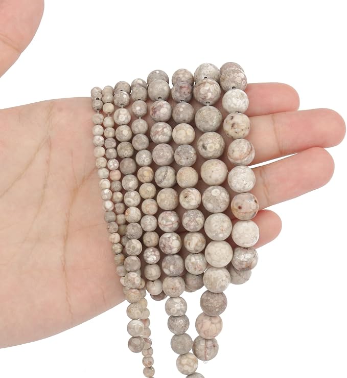 10mm Matte Flowery Cowry Fossil Bead, 15-Inch Matte Round Loose Stone Beads - Image 6