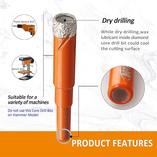 Dry Diamond Drill Bit Set,BGTEC 1pc 1/4" 6mm Hole Saw for Granite,Marble,Masonry, Concrete, Tile/Ceramic, Glass, Hard Plastic,Vacuum Brazed Diamond Core Drill Bit Kit