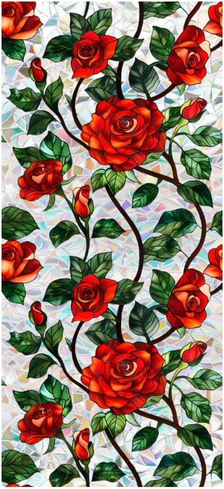 Retro Flower Window Privacy Film, Stained Glass Decals Chinese Red Rose Privacy by JOONOR