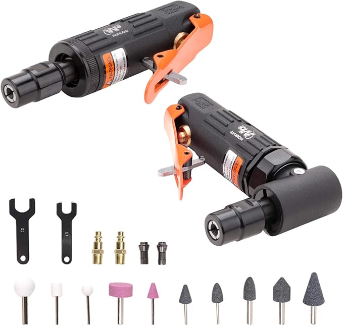 WORKPAD 12PCS Air Die Grinder Set - Straight/Angled Grinder Kit with 1/4 and 1/8 inch Collets, 10-Piece Stone Set, Pneumatic Tools