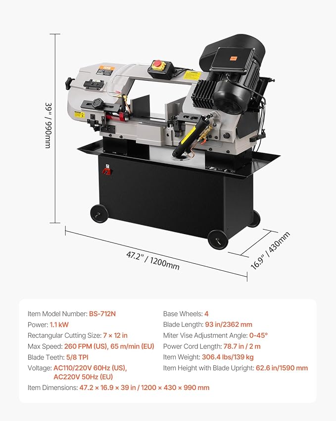 VEVOR Metal Horizontal Band Saw, 7 x 12 in Rectangular Cutting Capacity, 110/220V Metal Vertical Cutting Bandsaw with 1.1 kW Motor, 0-45° Angle Adjustment, Variable Speed, for Metal, Wood, and Plastic