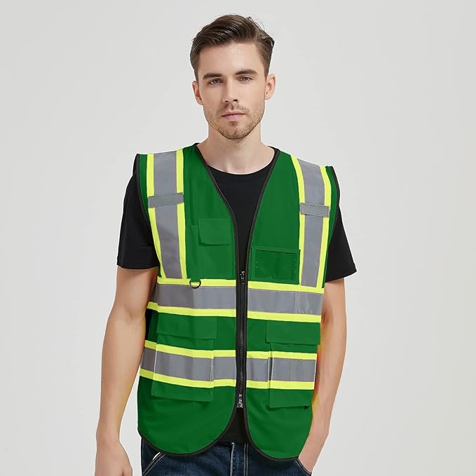 Safety Vest Customize Logo with 5 Pockets & Zipper Reflective High Visibility Vest Class 2 Outdoor Workwear