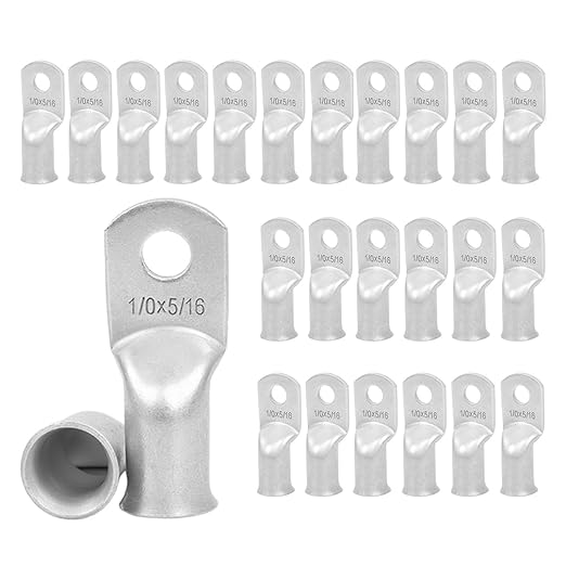 25Pcs 1/0 AWG 5/16"(M8) Stud Tinned Copper Ring Terminals Battery Cable Ends Wire Lugs 1/0 Gauge Battery Cable Lugs Heavy Duty Cable Lugs Bare Copper Eyelets Tubular Ring Terminal Connectors