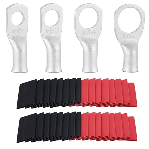 62PCS 8 AWG Tinned Ring Terminal Heat Shrink Tubing Set Copper Wire Lugs 8 Gauge 5/16", 3/8", 1/4", 1/2", 30Pcs Battery Cable Ends and 32PCS Heat Shrink Tubing