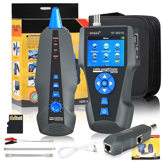 Network Cable Tester, NF-8601S TDR Multifunction LCD Tracer for RJ45, RJ11, BNC, Metal Cable, PING/POE Length Measurement Phone Line Tracer, Diagnostic Tool Tester