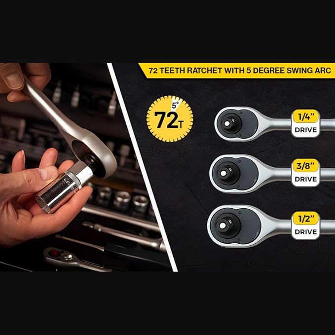 Socket Wrench, 1/4 Drive Ratchet Socket Wrench Dual Drive Ratchet Handles Wrenches with Soft Grip Locking Handle E-2203E