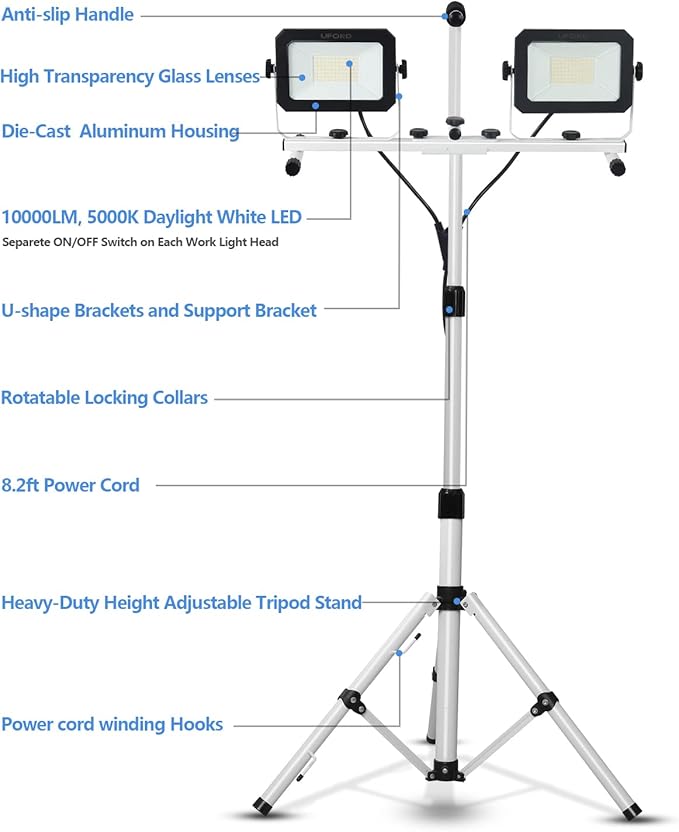 UFOND 10000 Lumen LED Work Light with Stand, Dual Head Work Light, Waterproof Lamp with Individual Switch, Adjustable Metal Telescoping Tripod with Power Cord （2 Pack）