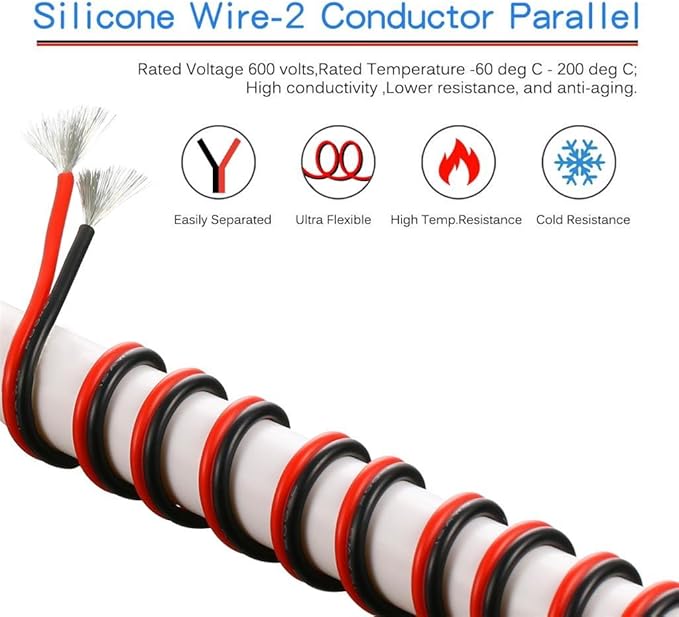 BNTECHGO 16 Gauge Flexible 2 Conductor Parallel Silicone Wire Spool Red Black High Resistant 200 deg C 600V for Single Color LED Strip Extension Cable Cord,Model,250ft Stranded Tinned Copper Wire