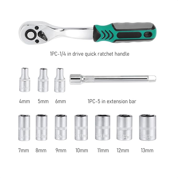 12Pcs 1/4 Inch Drive Ratchet Socket Wrench Set, 72 Teeth Bent Handle Release Ratchet Wrench with CR-V 6 Point Shallow Metric Sockets (4mm-13mm) and Extension Bar