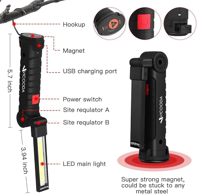 Rechargeable LED Work Light with Magnetic Base, USB 360° Rotating Magnetic Light, 5 Mode Mechanic Flashlight for Car Repair, Emergencies, Tight Areas (3 Pack)