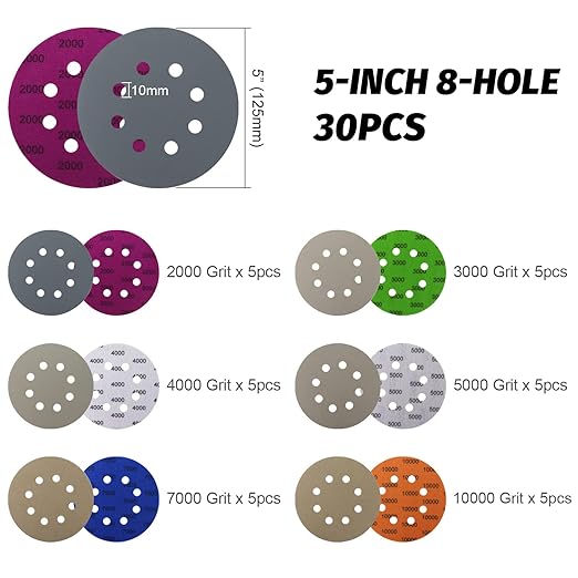 POLIWELL 5 Inch Sanding Discs Hook and Loop 8 Hole Heavy Duty Silicon Carbide Sandpaper 2000 3000 4000 5000 7000 10000 Grit with Interface Pad for Wet/Dry Sanding Grinder Polishing,30 Pack