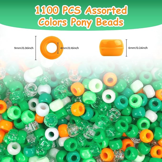 1100 Pcs Mixed Green White Orange Plastic Cylindrical, Round Pony Beads - Image 2