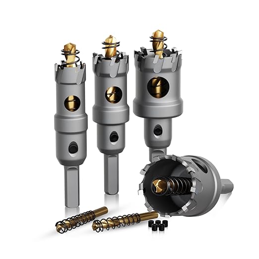 Hole Saw 6 PCS, Hole Saw for Metal, TCT Hole Cutter, 4 Drill Saws with 2* Extra Pilot Center Bits, 2* Springs for Metal, Iron and Stainless Steel