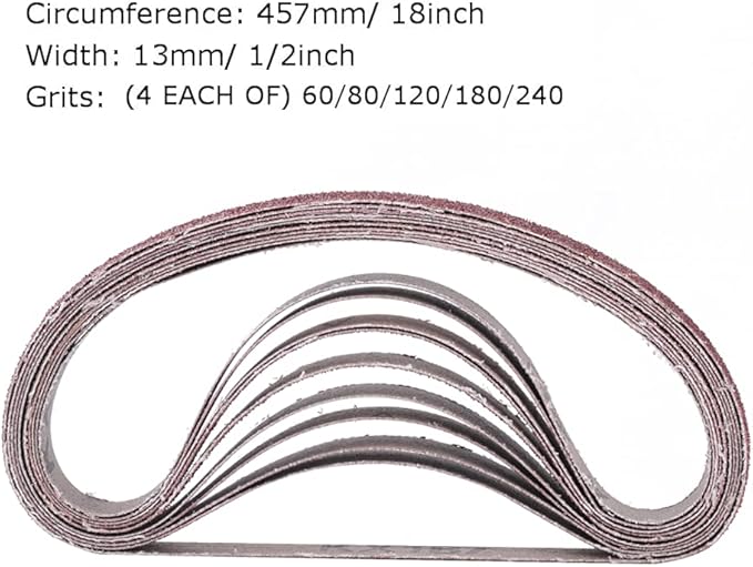 1/2 Inch x 18 Inch Sanding Belts, 8 Each of 60/80/120/180/240 Grits, Belt Sander Tool for Woodworking, Metal Polishing, 40 Pack Aluminum Oxide Sanding Belt