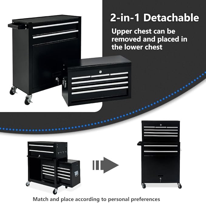 8-Drawer Rolling Tool Chest with Wheels - High Capacity Tool Cabinet with Detachable Top Toolbox for Garage and Workshop Organization - Metal Tool Cart with Liner & 6 Hooks, Black