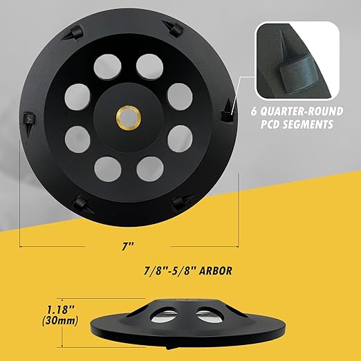 7" PCD Grinding Wheel for Epoxy, Glue, Mastic and Paint, 6 PCD Segments, 7/8"-5/8" Non-Threaded Arbor